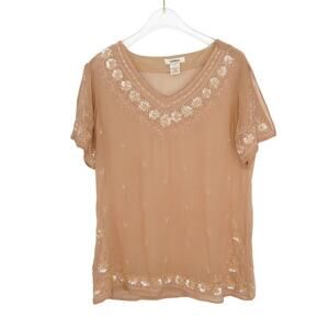 Sundance Peach Beaded Embroidered Short Sleeve Bohemian Blouse Small